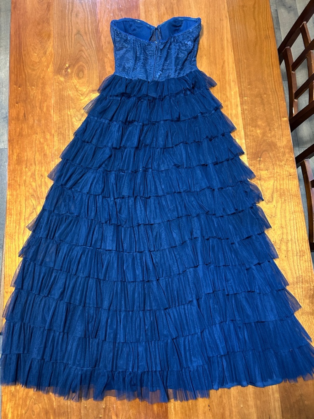 Windsor Navy Strapless Tiered Ruffle Prom Gown - Picture 4 of 4